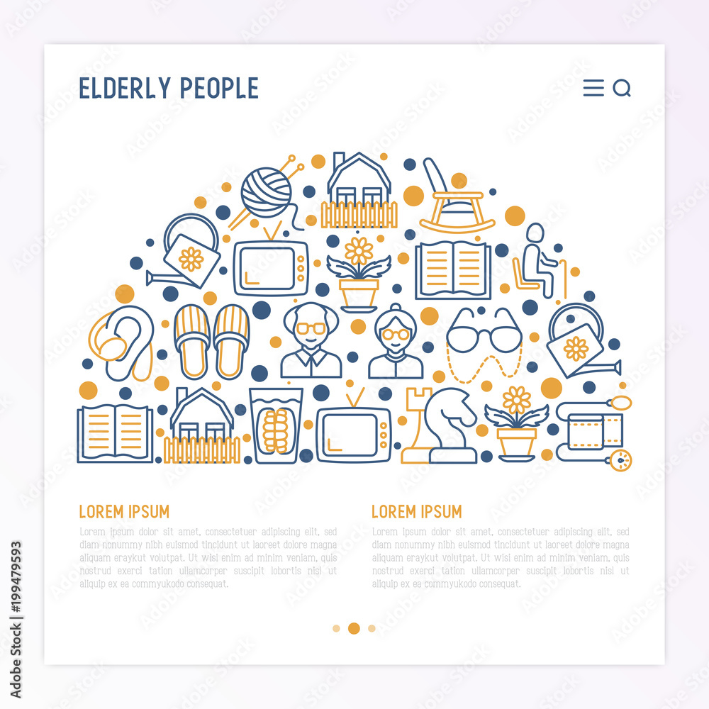 Elderly people concept in half circle with thin line icons: grandmother, grandfather, glasses, slippers, knitting, rocking chair, hearing aid, false jaw, chess. vector illustration, web page template.