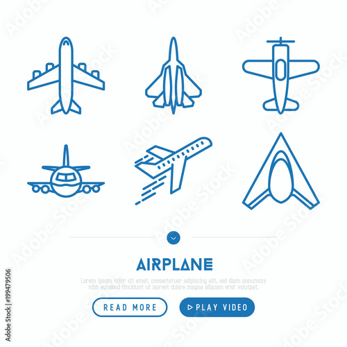 Airplane thin line icons set: agricultural aircraft, passenger's plane, military aviation. Top and side view. Modern vector illustration.