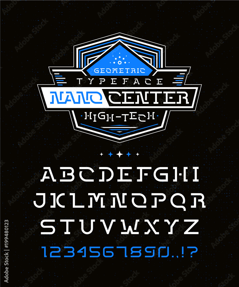 NANO CENTER FONT. Universal geometric typeface design. Modern display vector alphabet. A complete set of letters and numbers. Illustration badge label logo template.