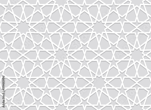 Classic arabesque stars seamless pattern in paper cut style. White lines texture, perfect for backgrounds, wallpapers, fabric, poster and brochure designs. Vector illustration.