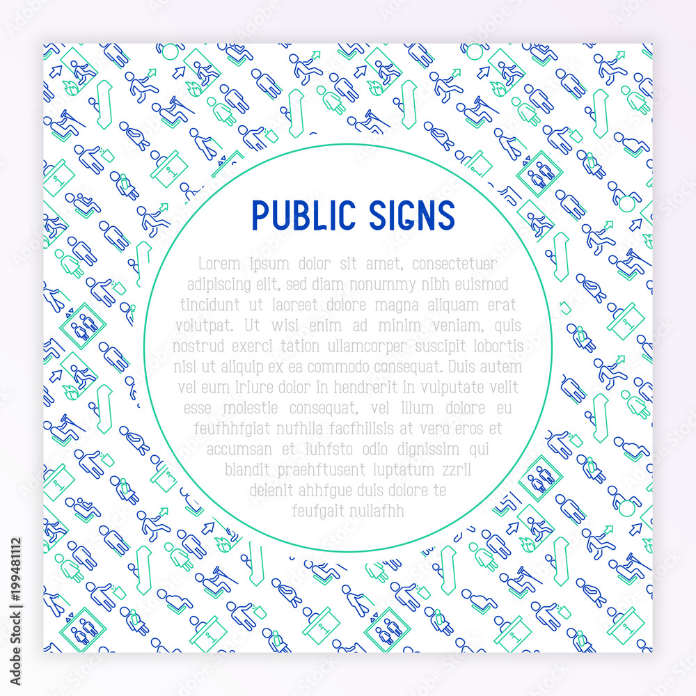 Public signs concept thin line icons: information stand, fire or emergency  exit, use trash can, seats for pregnant women, disabled, elderly people,  woman with child, elevator, WC. Vector illustration. Stock Vector |