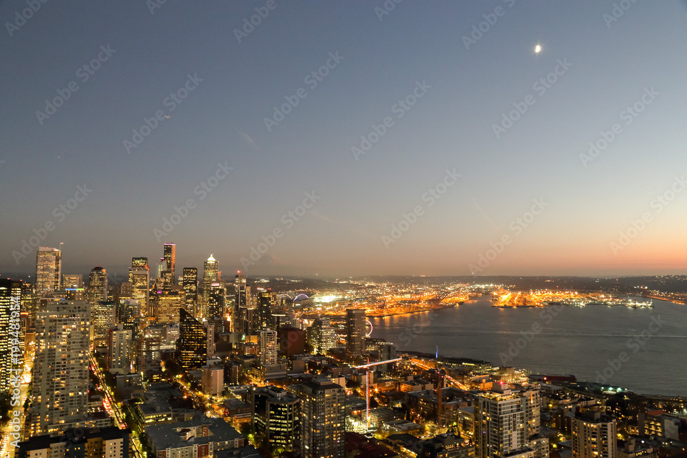 A View Over Elliott bay and Seattle Urban Downtown City Skyline Buildings Waterfront from Space needle