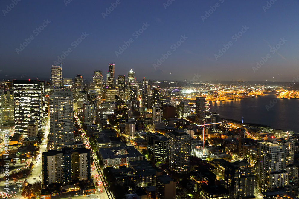 A View Over Elliott bay and Seattle Urban Downtown City Skyline Buildings Waterfront from Space needle