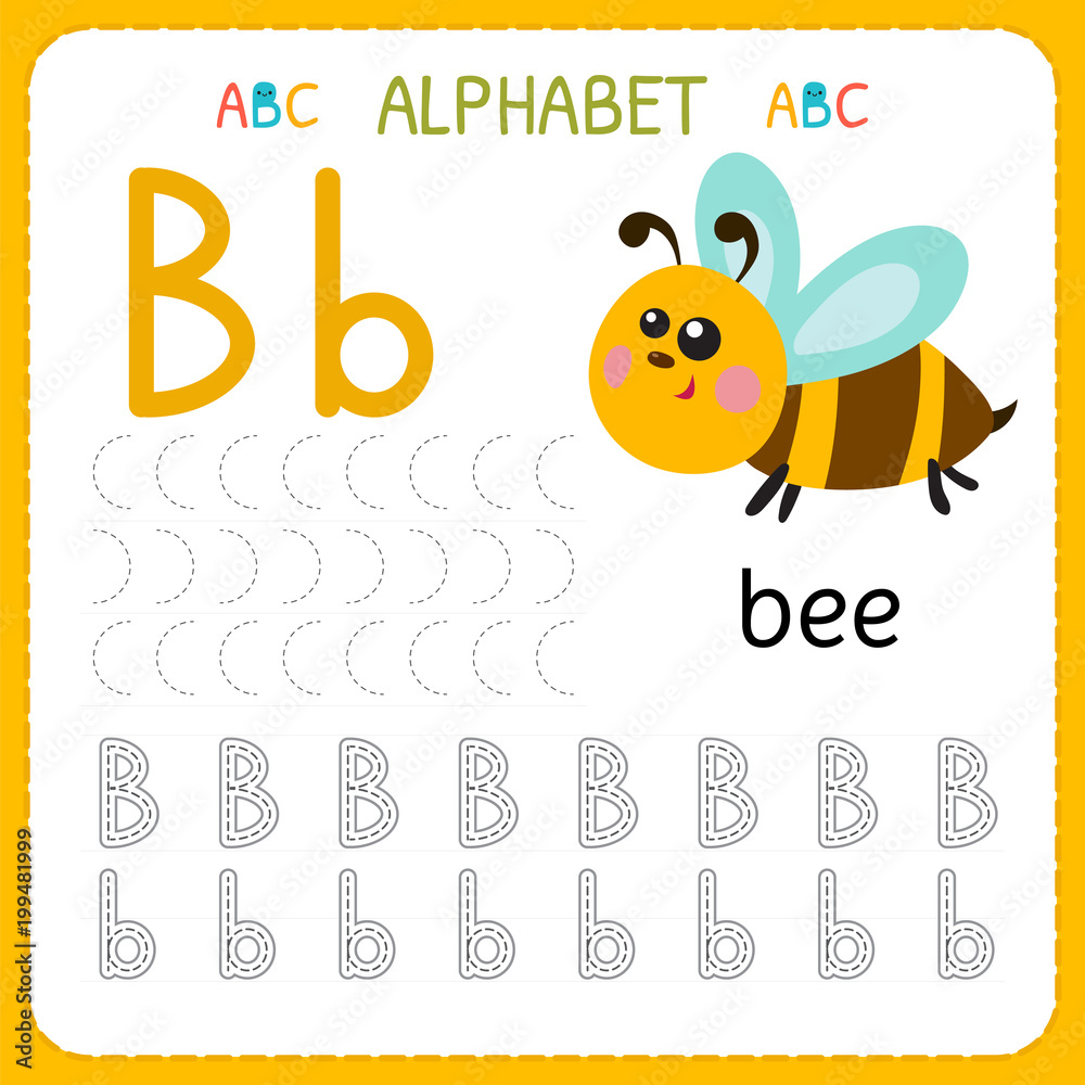 alphabet tracing worksheet for preschool and kindergarten writing practice letter b exercises for kids stock vector adobe stock