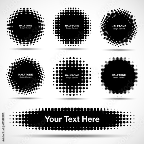 Set of 7 Abstract Halftone Design Elements. Vector illustration.