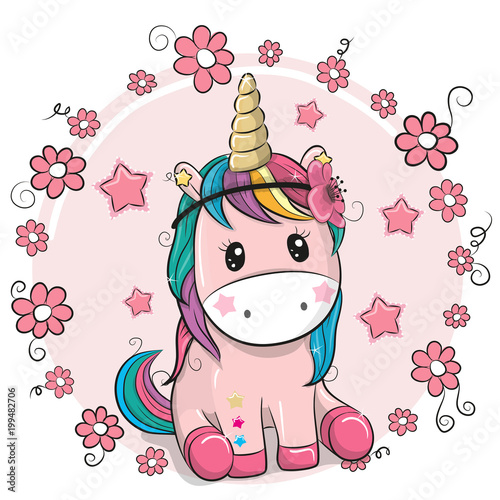 Greeting card Unicorn with flowers on a pink background