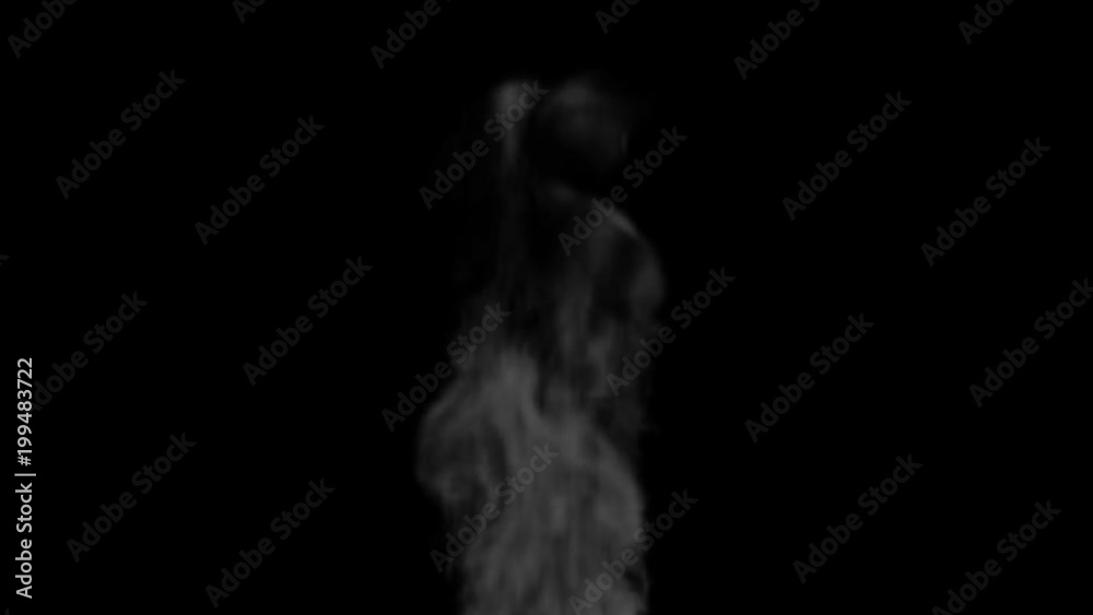 Animated realistic dark smoke without any fire rising as if from small camp fire or fire pit or torch against black background. Mask included.