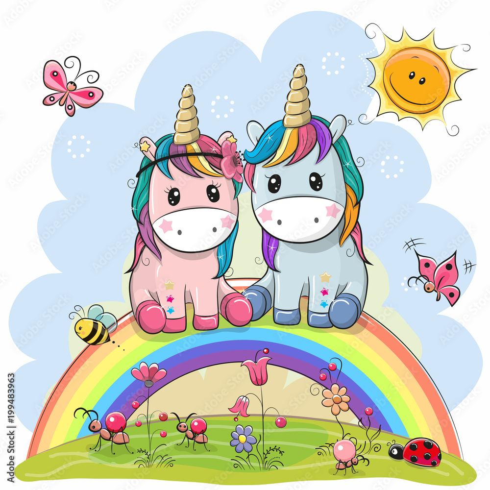 Two Cartoon Unicorns are sitting on the rainbow Two Cartoon Unicorns are sitting on the rainbow