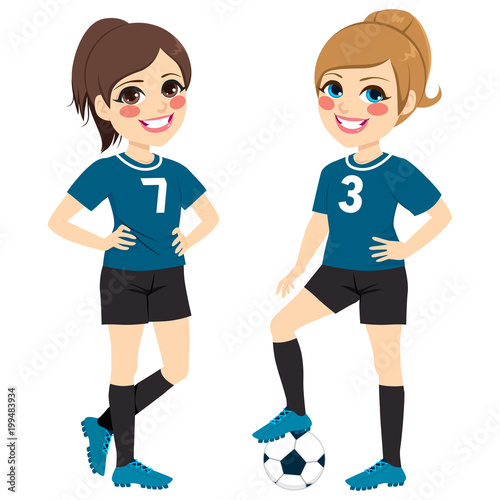 Two beautiful soccer girl players with black and blue uniform