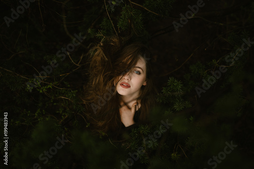 Young Woman with Blue Eyes With Hair Tangled in a Tree