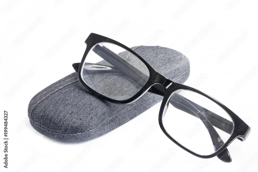 Black Eye Glasses on case on white background. Black Eye Glasses on case on white background.