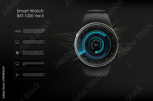 Vector realistic illustration of smart watch, technology functions and template text. Smart watch vector illustration.