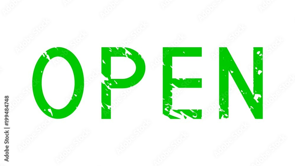 Word OPEN, grunge green text on white background animation. Word OPEN, grunge green text on white background animation.
