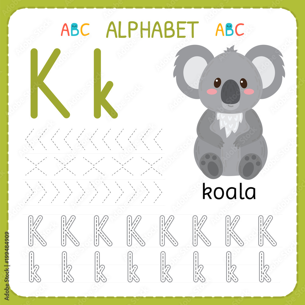 alphabet tracing worksheet for preschool and kindergarten writing practice letter k exercises for kids stock vector adobe stock
