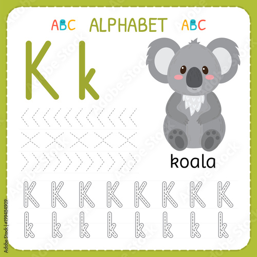 Alphabet tracing worksheet for preschool and kindergarten. Writing practice letter K. Exercises for kids