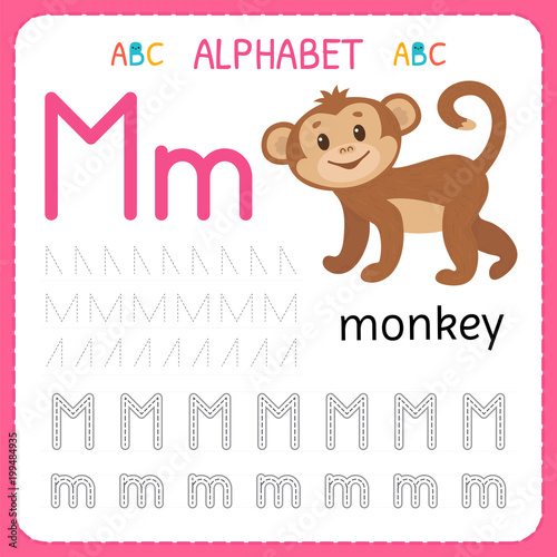 Alphabet tracing worksheet for preschool and kindergarten. Writing practice letter M. Exercises for kids