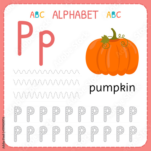 Alphabet tracing worksheet for preschool and kindergarten. Writing practice letter P. Exercises for kids