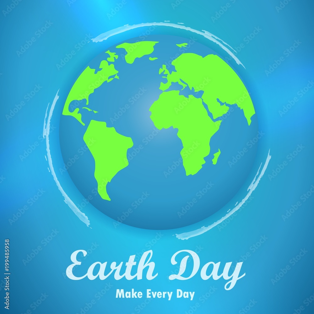 Earth Day. Vector illustration with the words, planets and green leaves