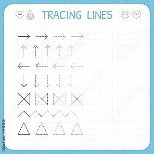 Tracing lines. Working pages for children. Preschool or kindergarten worksheets. Basic writing. Trace the pattern. Worksheet for kids