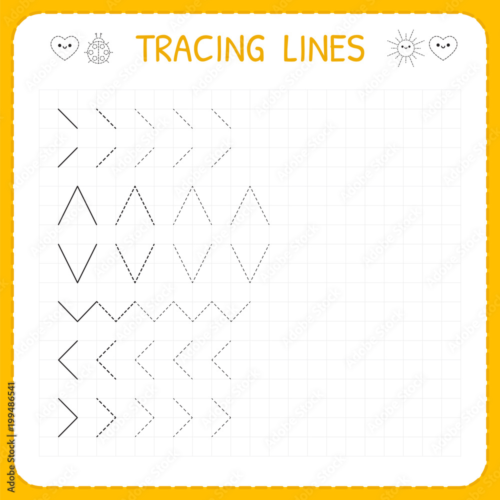 Tracing lines. Worksheet for kids. Working pages for children. Preschool or kindergarten worksheets. Basic writing. Trace the pattern Tracing lines. Worksheet for kids. Working pages for children. Preschool or kindergarten worksheets. Basic writing. Trace the pattern
