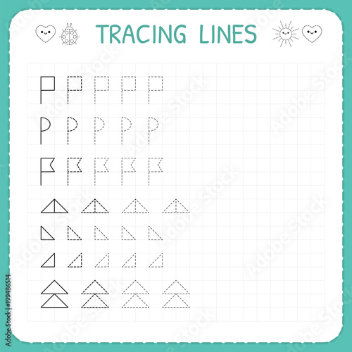 Tracing lines. Worksheet for kids. Trace the pattern. Basic writing. Working pages for children. Preschool or kindergarten worksheets