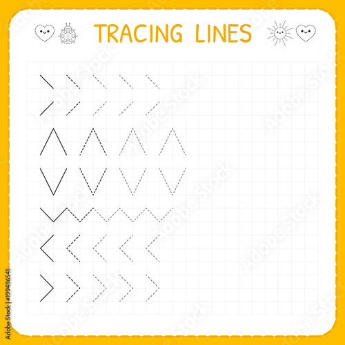 Tracing lines. Worksheet for kids. Working pages for children. Preschool or kindergarten worksheets. Basic writing. Trace the pattern