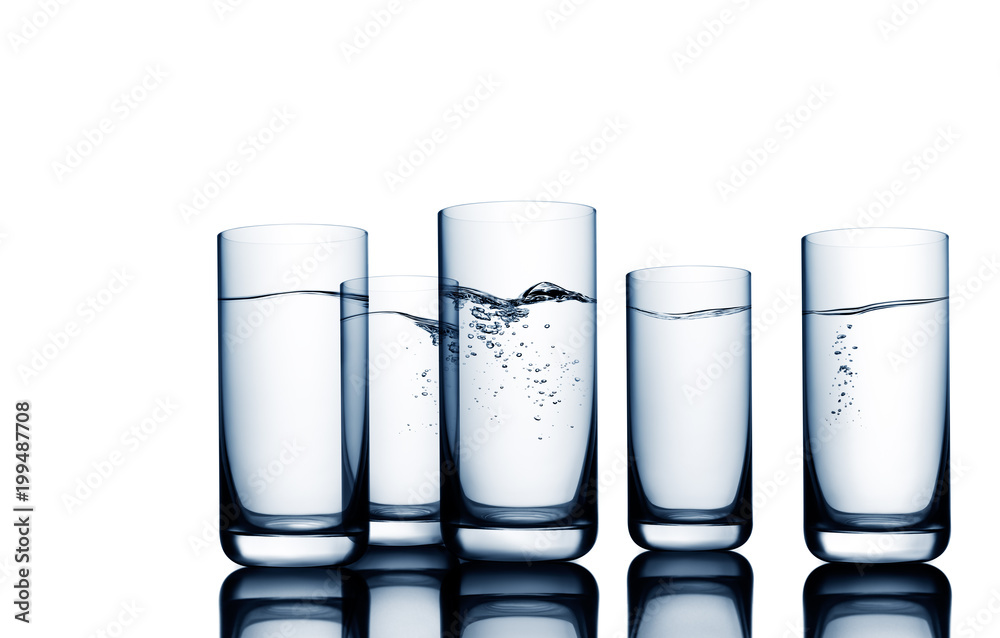 Conceptual illustration of water wave and bubbles seen through water glasses on white Conceptual illustration of water wave and bubbles seen through water glasses on white
