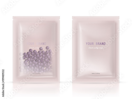 Vector realistic blank package, disposable foil sachet for peeling facial mask with natural granules isolated on background. Cosmetic product for face care, skin treatment. Mockup for package design