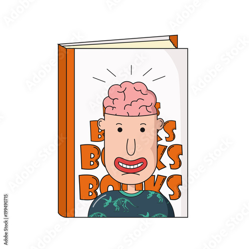 Book with cartoon face man with brain
