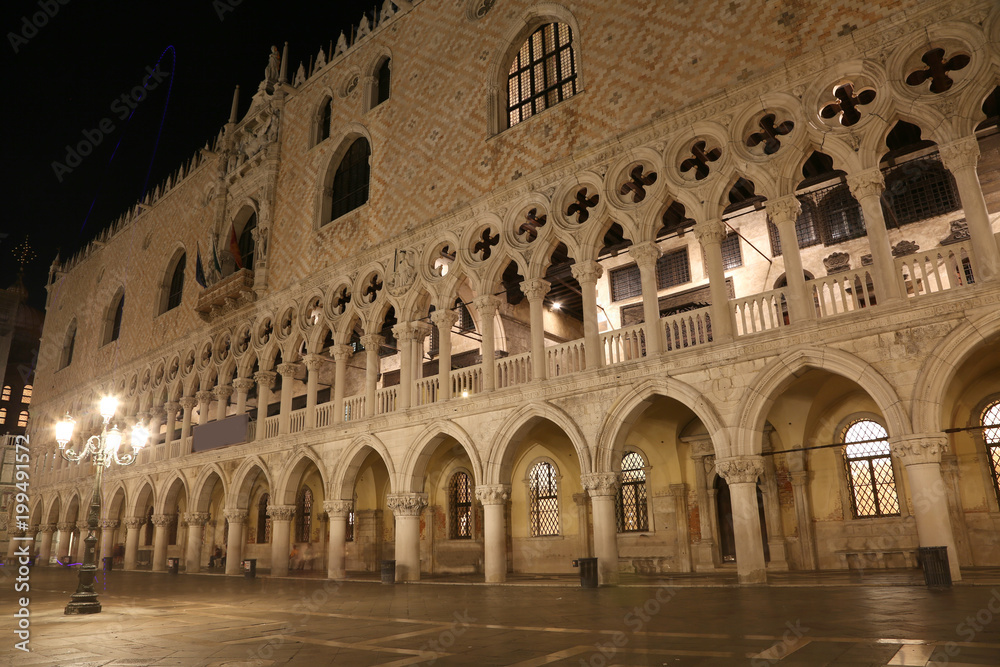 Ducal Palace and street lamps at night with long exposure in Ven