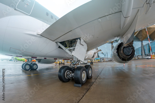 Large modern aircraft airplane liner parked at the airport, view of the chassis wheels landing gear, wing, engine.