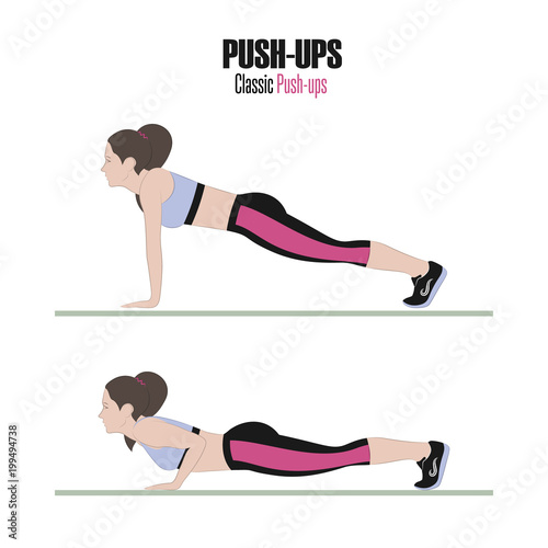 Sport exercises. Exercises with free weight. Pushups. Illustration of an active lifestyle.