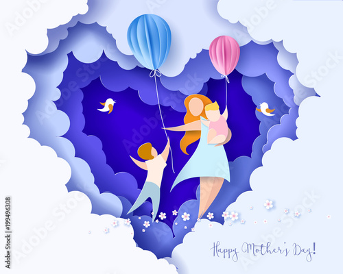 Beautiful woman with her children. Happy mothers day card. Paper cut style. Vector illustration