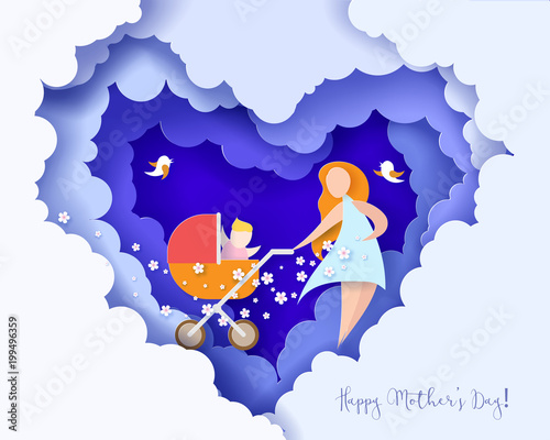 Beautiful woman with her children. Happy mothers day card. Paper cut style. Vector illustration
