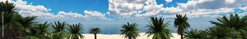 Fototapeta premium panorama of a tropical beach with palm trees, beautiful tropical beach, 3D rendering