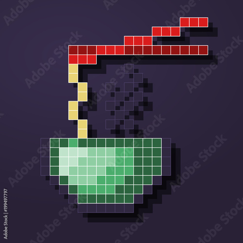 Pixel ramen in bowl. Hot 8-bit food in dark night. Isolated retro icon with shadow.