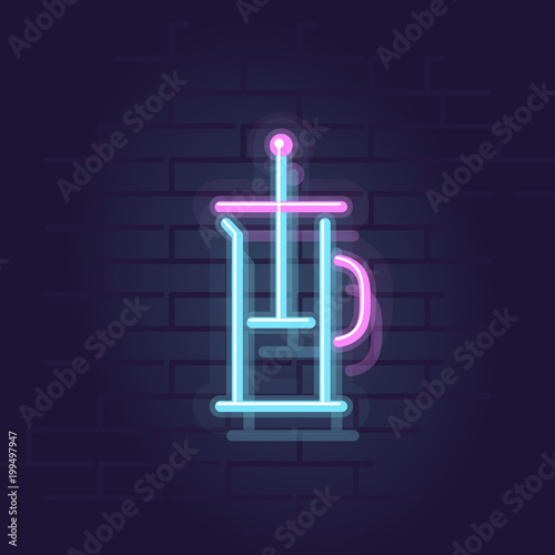 Neon coffee french press. Night illuminated wall street sign. Isolated geometric style illustration on brick wall background.