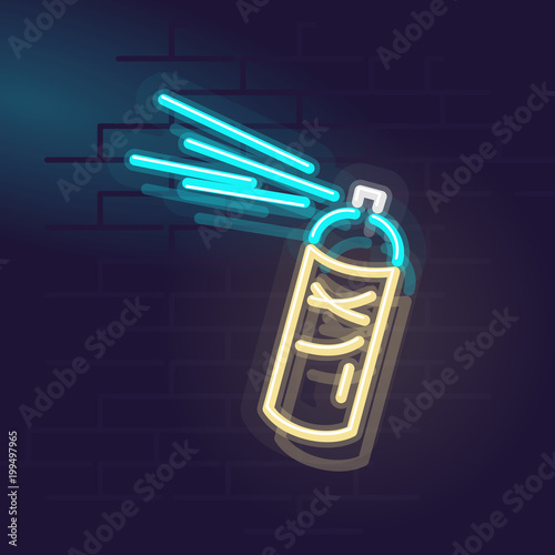 Neon spray can. Night illuminated wall street sign. Isolated geometric style illustration on brick wall background.