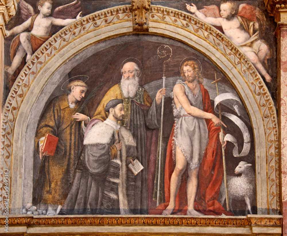 Alessandro Bentivoglio accompagnato dai Santi Stefano, Bernardo e Giovanni Battista; affresco di Bernardino Luini. Chiesa di San Maurizio, Milano