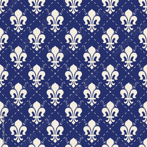 Seamless porcelain indigo blue and white vintage French royal Fleur de lis pattern vector