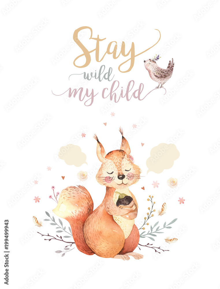 Φωτογραφία Cute watercolor bohemian baby squirrel animal poster for nursary, alphabet woodland isolated forest illustration for children