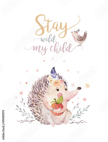 Cute watercolor bohemian baby hedgehog animal poster for nursary with bouquets, alphabet woodland isolated forest illustration for children. Baby shower animals invitation