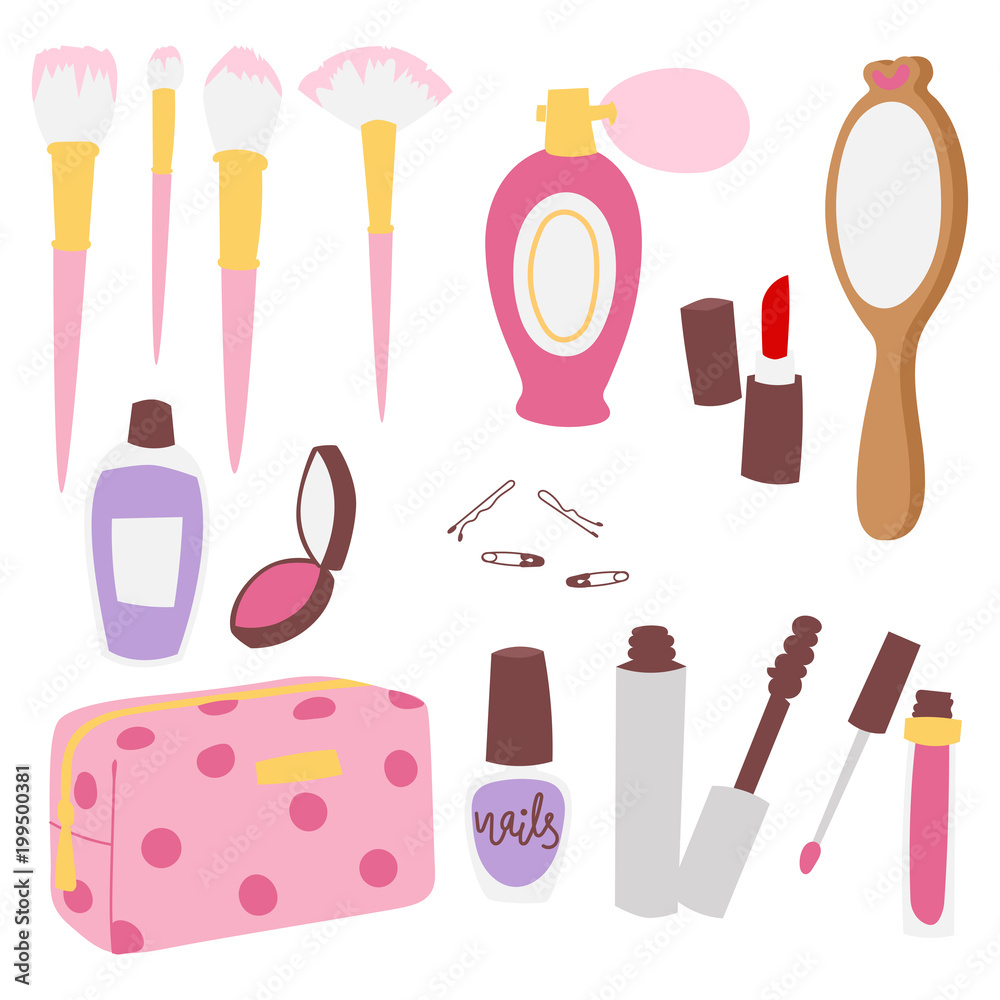 Girl fashion accessories casual woman style shopping items and beautiful cosmetic or makeup tools vector illustration. Girl fashion accessories casual woman style shopping items and beautiful cosmetic or makeup tools vector illustration.