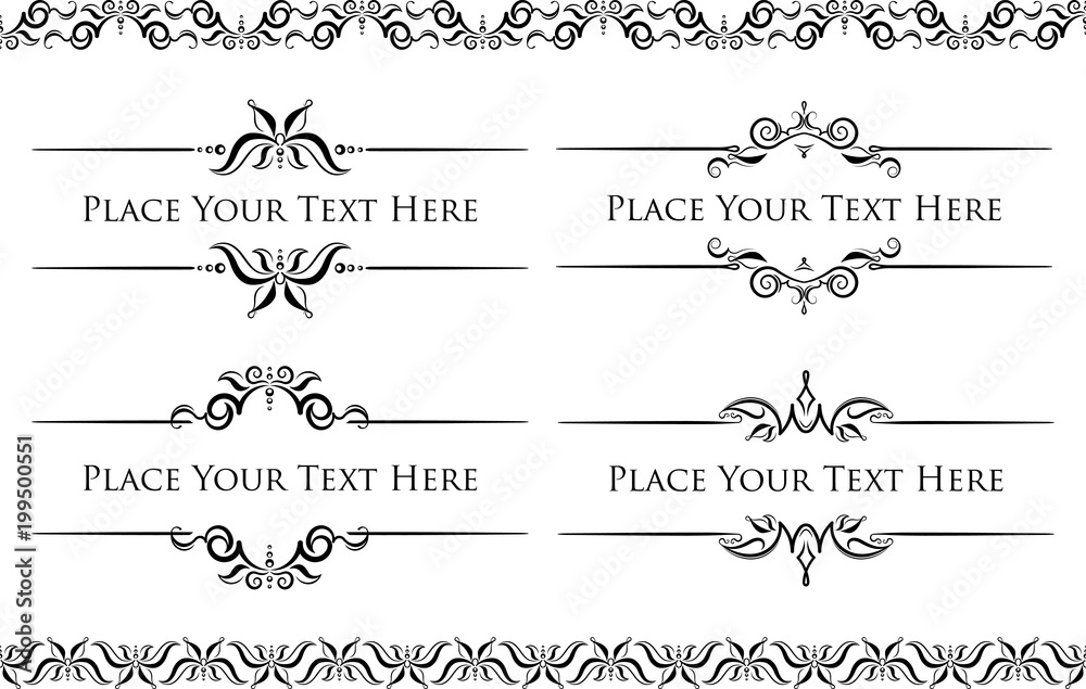 Set of 4 decorative black vector text dividers frames with pair of bonus decorative elements.