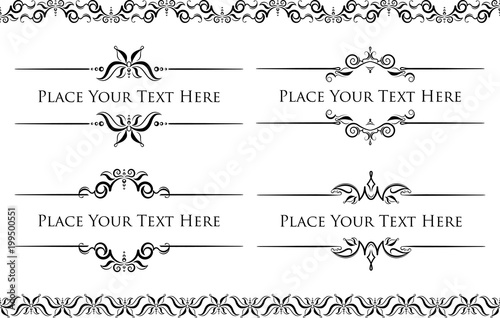 Set of 4 decorative black vector text dividers frames with pair of bonus decorative elements.