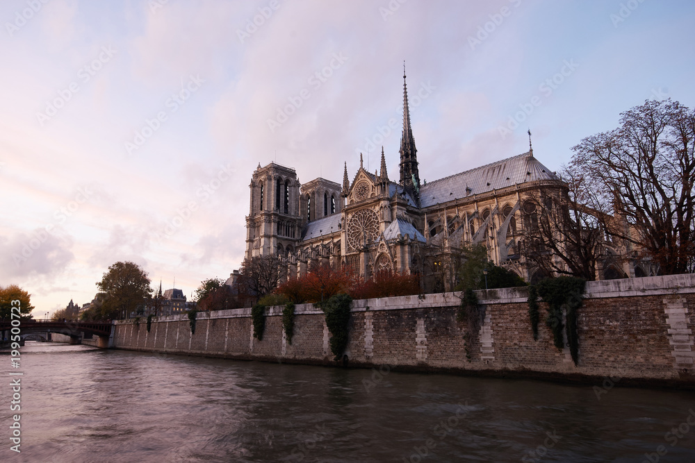 Notre Dame and Seine River near sunset, Paris, France