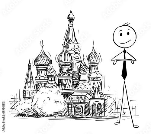 Cartoon stick man drawing conceptual illustration of businessman standing in front of Saint Basil's Cathedral in Moscow. Concept of doing business in Russia.