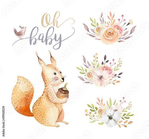 Cute watercolor bohemian baby squirrel animal poster for nursary with bouquets, alphabet woodland isolated forest illustration for children. Baby shower animals invitation