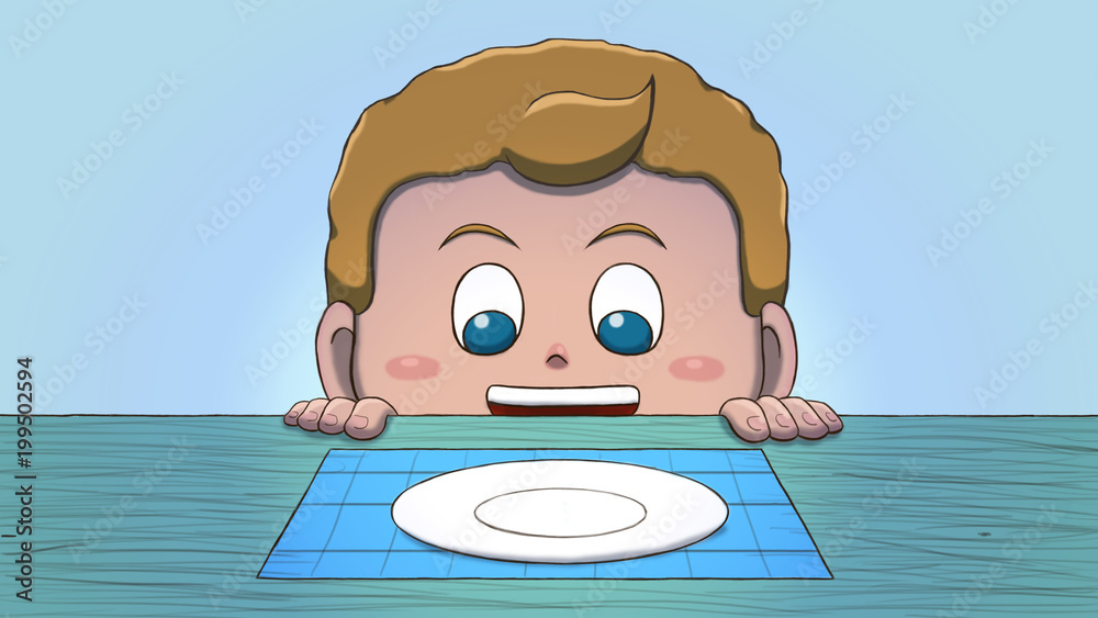 Close-up illustration of a white boy staring at an empty plate on the  table. Stock Illustration | Adobe Stock