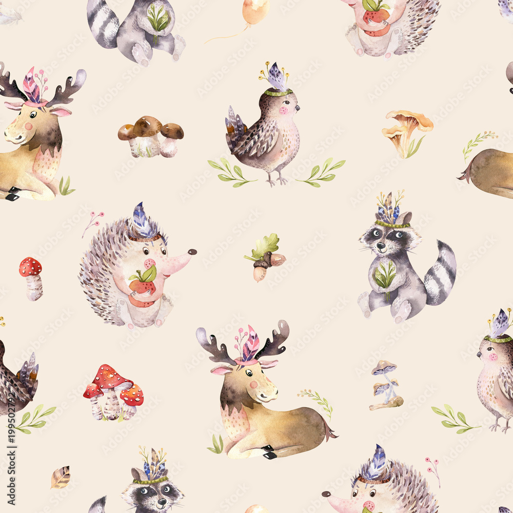 Fototapeta premium Watercolor seamless pattern of cute baby cartoon hedgehog, squirrel and moose animal for nursary, woodland forest illustration for children. Forest backgraund